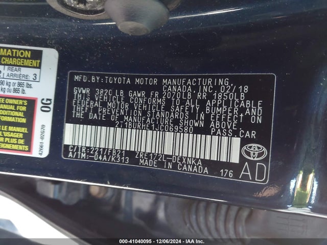2T1BURHE1JC069580 Toyota COROLLA LE