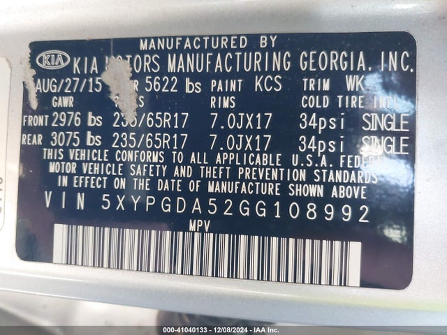 5XYPGDA52GG108992 KIA Sorento 3.3l Lx