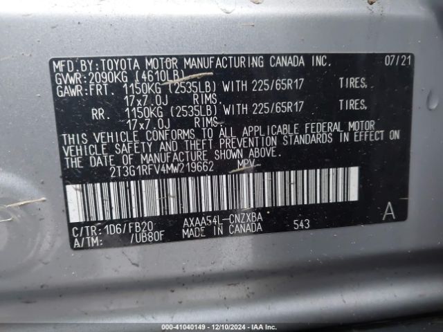 2T3G1RFV4MW219662 Toyota RAV4 LE