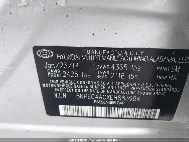 5NPEC4ACXEH883984 Hyundai SONATA SE