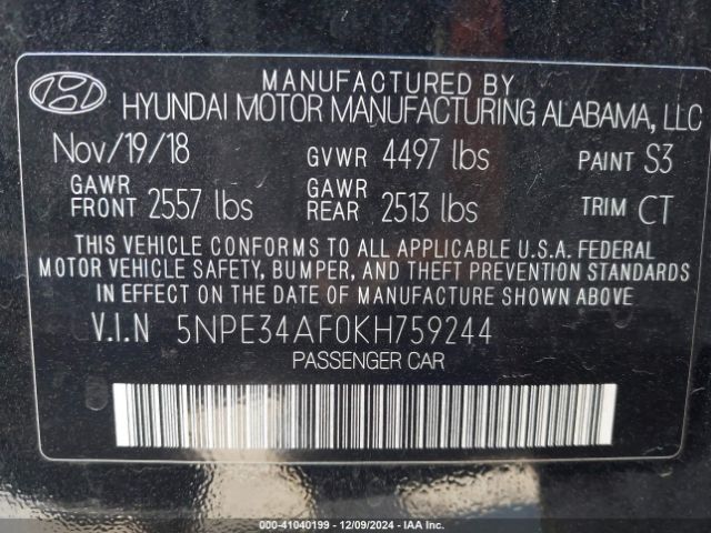 5NPE34AF0KH759244 Hyundai SONATA SEL