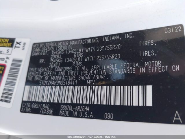 5TDYZRAH9NS548441 Toyota Highlander Limited