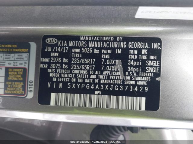 5XYPG4A3XJG371429 KIA Sorento 2.4l Lx