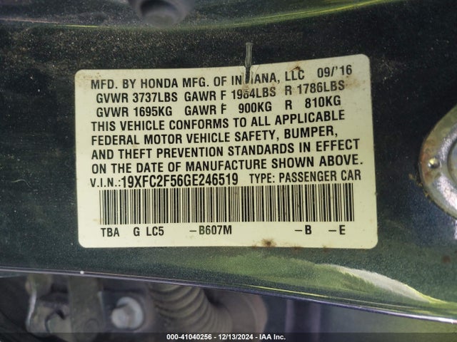Honda Civic Lx 2016 19XFC2F56GE246519 Image 9