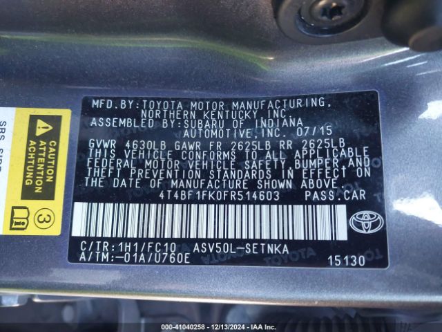 4T4BF1FK0FR514603 Toyota CAMRY LE