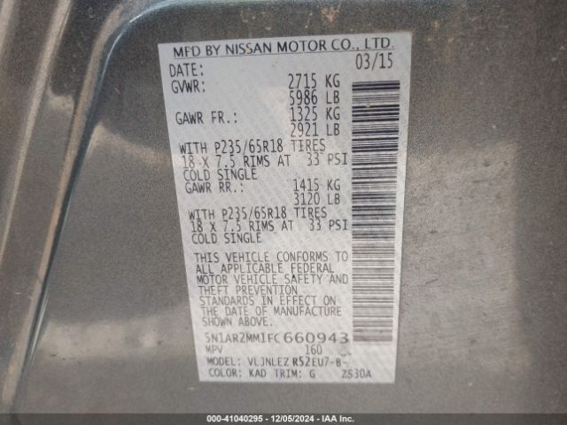 5N1AR2MM1FC660943 Nissan Pathfinder Platinum/s/sl/sv