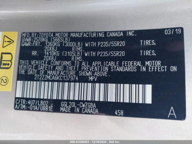 2T2ZZMCA6KC137974 Lexus RX 350