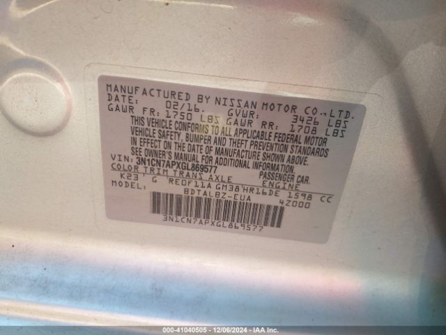 3N1CN7APXGL869577 Nissan Versa