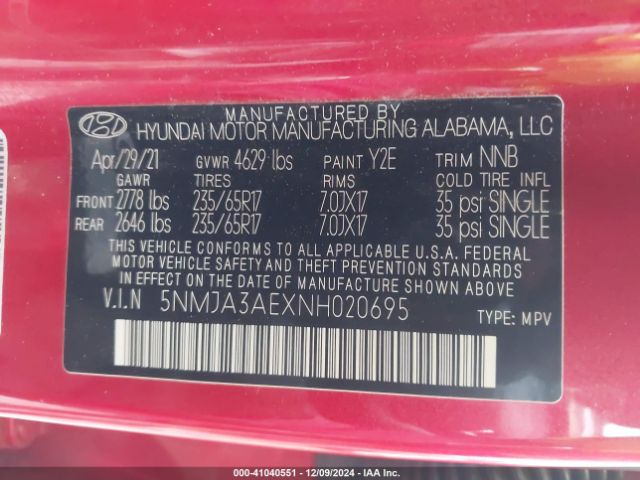 5NMJA3AEXNH020695 Hyundai TUCSON SE