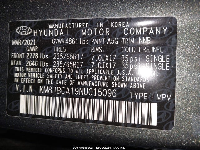 KM8JBCA19NU015096 Hyundai Tucson Hybrid Blue