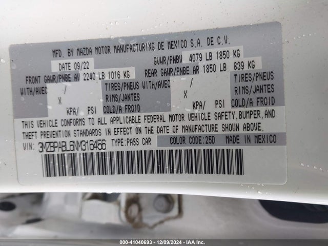 3MZBPABL6NM316456 Mazda Mazda3 Select