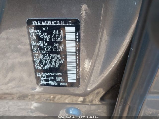 JN8AE2KP9G9156110 Nissan Quest Platinum/s/sl/sv