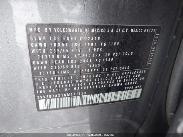 3VV2B7AX1NM171823 Volkswagen Tiguan 2.0t Se