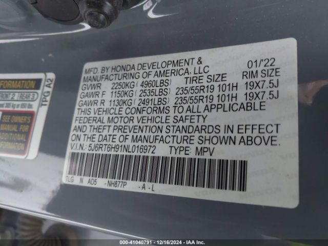 5J6RT6H91NL016972 Honda Cr-v Hybrid Touring