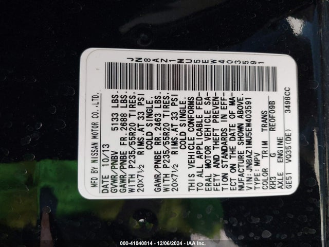 Nissan Murano Le 2014 JN8AZ1MU5EW403591 Image 9