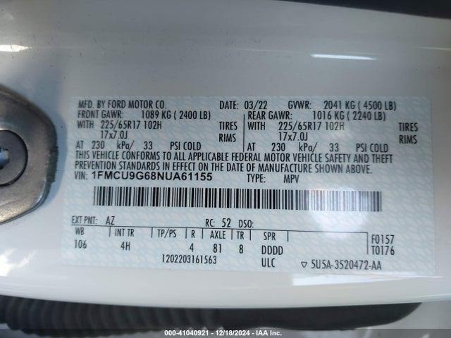 Ford ESCAPE SE 2022 1FMCU9G68NUA61155 Image 9