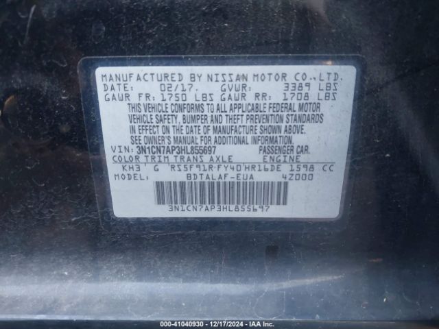 3N1CN7AP3HL855697 Nissan Versa 1.6 S