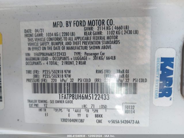 1FATP8UH6M5122433 Ford Mustang Ecoboost Premium