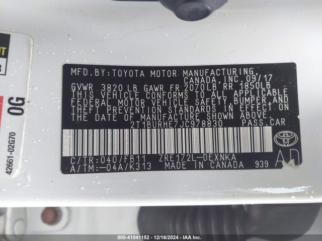 Toyota COROLLA LE 2018 2T1BURHE7JC978830 Image 9