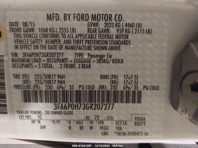 Ford FUSION SE 2016 3FA6P0H73GR207277 Image 9