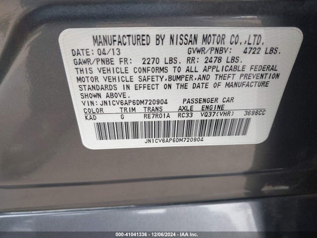 41041336 :رقم المزاد ، JN1CV6AP6DM720904 vin ، 2013 Infiniti G37 Journey مزاد بيع