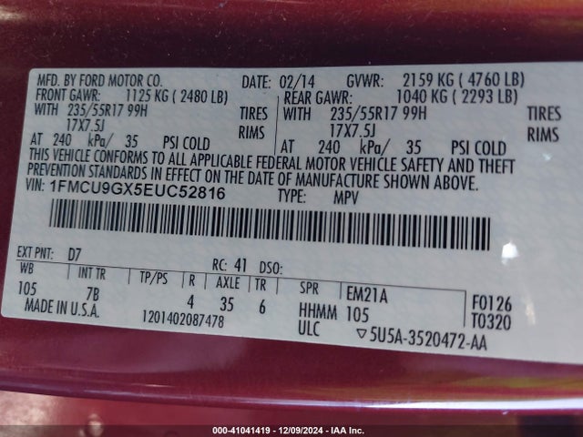 Ford ESCAPE SE 2014 1FMCU9GX5EUC52816 Image 9