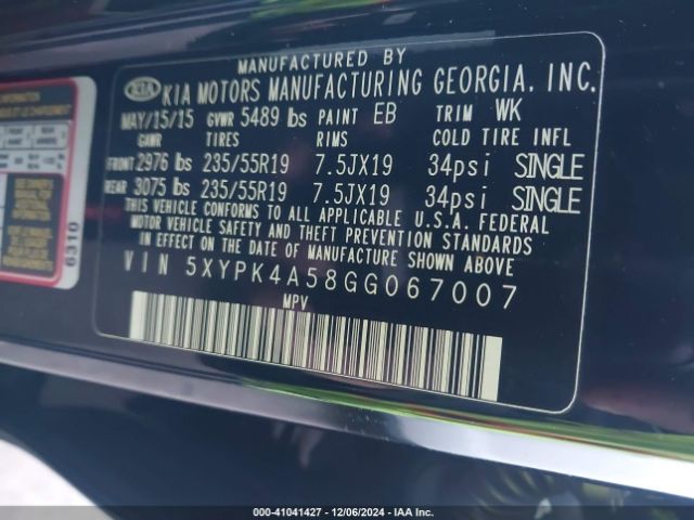 5XYPK4A58GG067007 KIA Sorento 3.3l Sxl