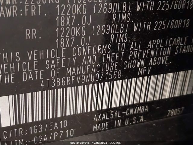 4T3B6RFV9NU071568 Toyota Rav4 Hybrid Xle Premium