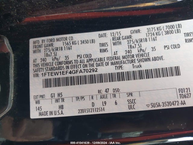 Ford F-150 Lariat 2016 1FTEW1EF4GFA70292 Image 9