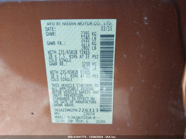 Nissan MURANO SV 2015 5N1AZ2MH2FN226313 Image 9