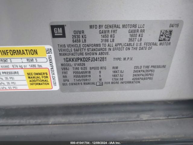 1GKKVPKD2FJ341281 GMC Acadia Sle-2