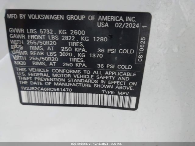 1V2JR2CA6RC561470 Volkswagen Atlas 2.0t Se W/technology