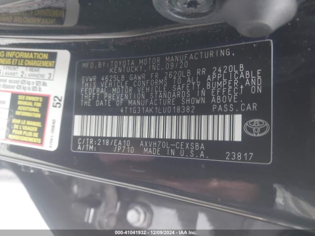 4T1G31AK1LU018382 Toyota Camry Se Hybrid