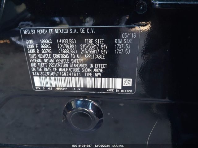 3CZRU6H74GM741611 Honda Hr-v Ex-l