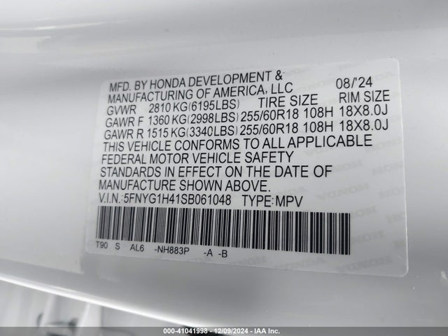 2025 Honda Pilot Ex-l მანქანა იყიდება აუქციონზე, vin: 5FNYG1H41SB061048, აუქციონის ნომერი: 41041998
