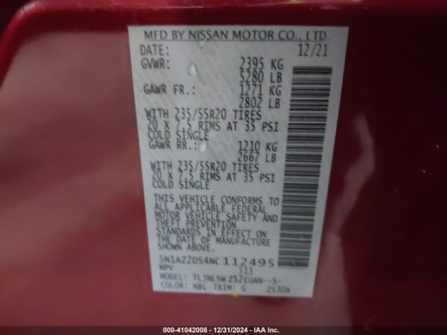 5N1AZ2DS4NC112495 Nissan Murano Platinum Intelligent Awd