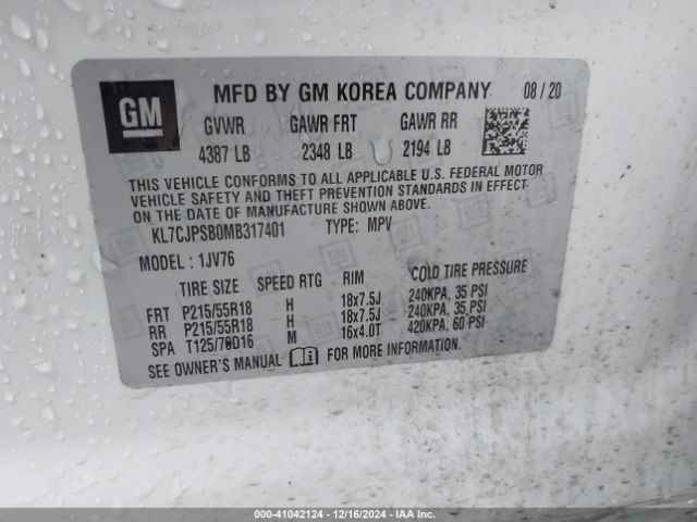 KL7CJPSB0MB317401 Chevrolet Trax Awd Lt