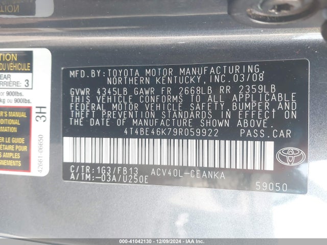 Aukcja sprzedaży 2009 Toyota Camry Le, vin: 4T4BE46K79R059922, numer aukcji: 41042130