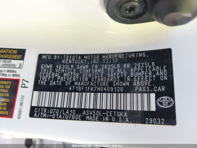 4T1BF1FK7HU409120 Toyota CAMRY XLE
