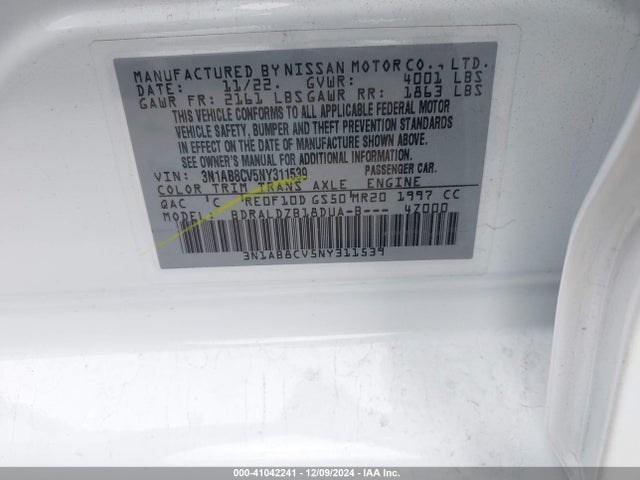 3N1AB8CV5NY311539 Nissan Sentra Sv Xtronic Cvt
