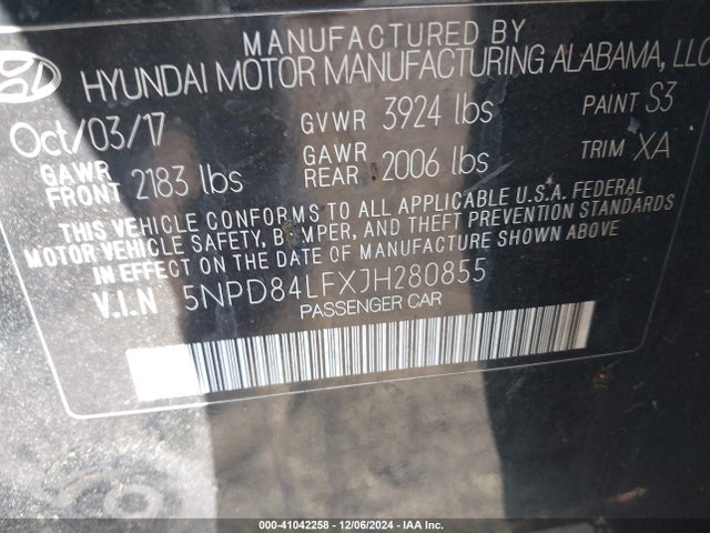 5NPD84LFXJH280855 Hyundai ELANTRA SEL