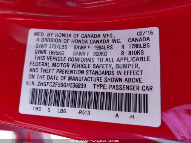 2HGFC2F59GH536839 Honda Civic Lx