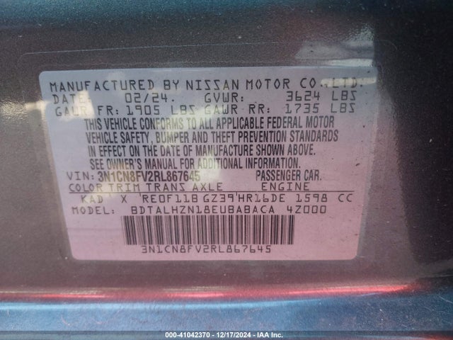 Aukcja sprzedaży 2024 Nissan Versa 1.6 Sr, vin: 3N1CN8FV2RL867645, numer aukcji: 41042370