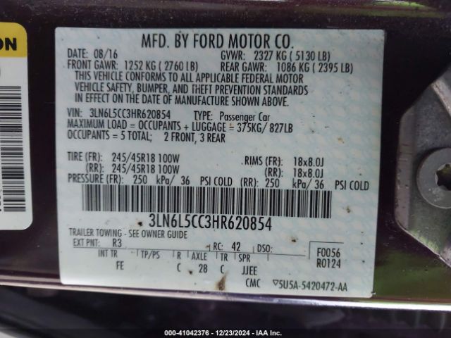 3LN6L5CC3HR620854 Lincoln MKZ SELECT