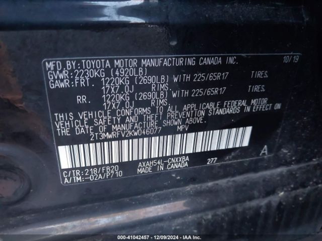 2T3MWRFV2KW046077 Toyota Rav4 Hybrid Le