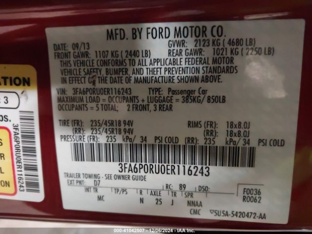 3FA6P0RU0ER116243 Ford Fusion Hybrid Titanium