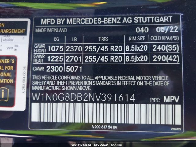 W1N0G8DB2NV391614 Mercedes-Benz Glc 300 Suv