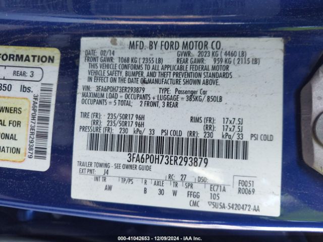 3FA6P0H73ER293879 Ford FUSION SE