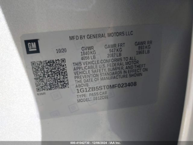 1G1ZB5ST0MF023408 Chevrolet Malibu Fwd Ls