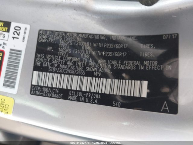 5TDYZ3DC2HS872655 Toyota Sienna Xle 8 Passenger